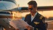 Commercial airline pilots communicating in the cockpit, reading safety manual.